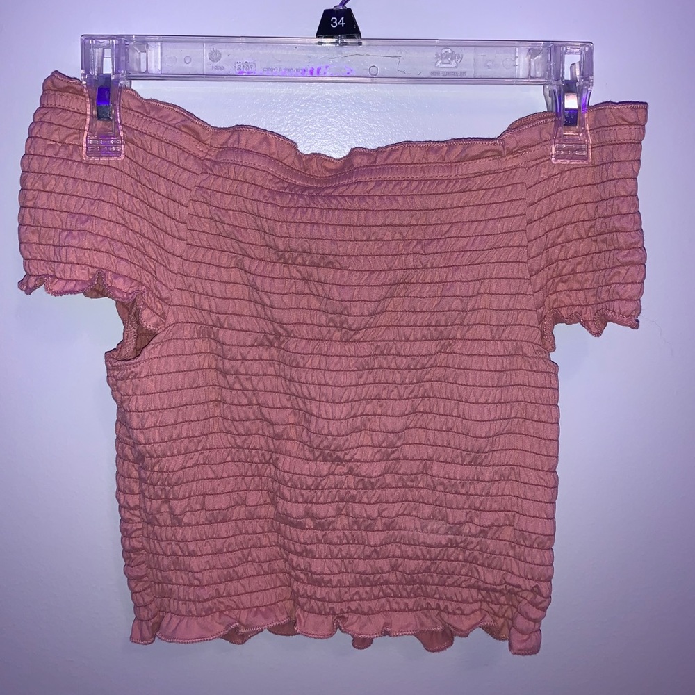 Pink, off the shoulder tube top.